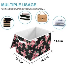 CaTaKu Large Fabric Storage Bins With Lids, Floral Pink Rose Storage Boxes With Handles for Organizing Clothes, Collapsible Storage Cube Bins Baskets for Shelves