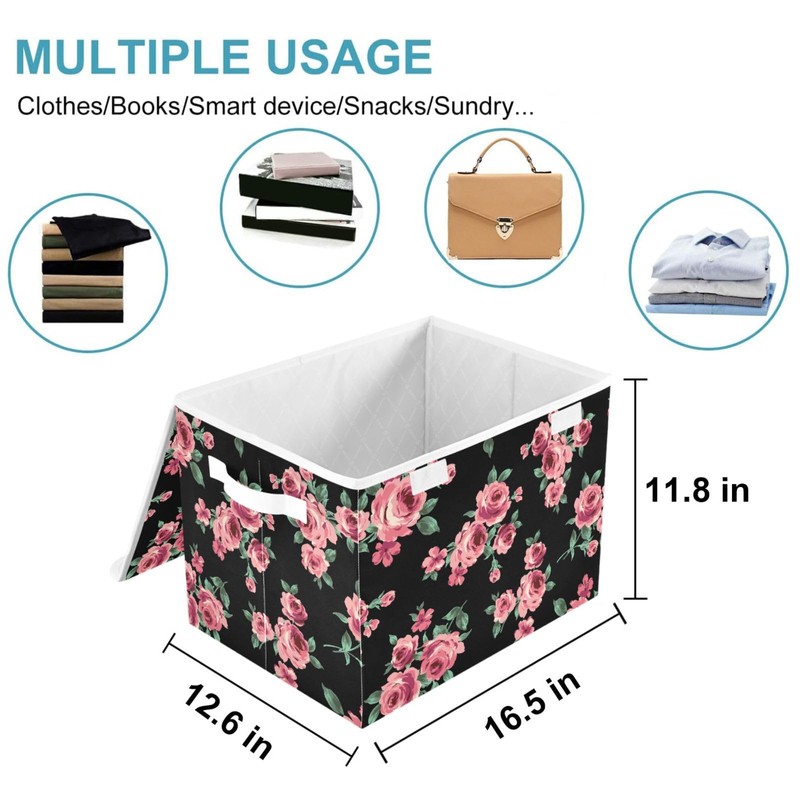 CaTaKu Large Fabric Storage Bins With Lids, Floral Pink Rose