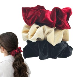 Pack of 3 Velvet Scrunchies, Velvety Soft, Strong Hold, Hair Bobbles Strong, Exclusive Colours, Large Hair Scrunchie for Women and Girls (Black + Red + Beige)