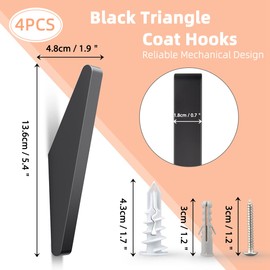 GUWINA Pack of 4 Black Coat Hooks Triangle, Metal Coat Hooks, Aluminium Alloy Wall Hooks for Hanging Robes, Hats, Ideal for Bedroom, Bathroom, Hat Hooks with Screws