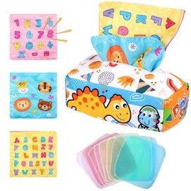 Tikplus Dinosaur Tissue Box Baby Toy, Montessori Toy Baby Sensory with Crinkle Cloth and Coloured Cloth, Baby Toy for Baby Girls Boys from 6 7 8 9 10 Months