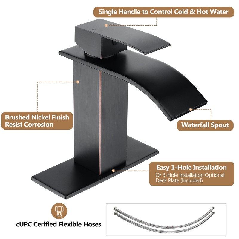 Fransiton Black Waterfall Bathroom Faucet Lavatory Single Handle 1 or
