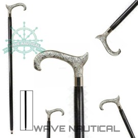 WAVE NAUTICAL - Vintage Brass Silver Derby Walking Cane Walking Stick Brass Gift Solid Vintage Designer Victorian Wooden Cane Folding Walking Stick 36" with Brass Handle Men and Women