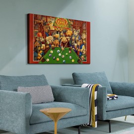 YONICA Wall Canvas Painting of Pet Dogs Playing Billiards, Wall Art Decor Painting Prints Picture Dogs Party Framed Stretched Printed on Canvas for Home Living Room Bedroom Office 16 X 12 Inches