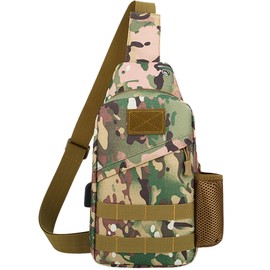 Ilfuturo Camouflage Casual Chest Sling Bags Bottle Holder Key Ring Strap, Military Molle Adjustable Backpack Fishing Hiking, Green Camo, Camouflage Casual Sling