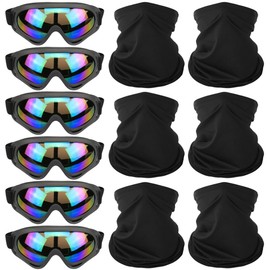 PuddingStation Men Women Peicees 12PCS Motorcycle Set, UV Protection Dustproof Windproof Safety Glasses 6PCS, Face Breathable Face Mask 6PCS (Color Goggles+Black Masks)