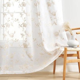 Sheer Curtains Floral Embroidery Beige 84 Inch Long Rod Pocket Lace Drapes for Living room, Bedroom, 2 Panels, 52"x84", Semi Voile Pattern Outdoor Window Treatment Sets for Yard, Patio, Villa, Parlor.