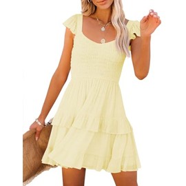 Fessceruna Womens Summer Ruffle Dresses Elastic Empire Waist A-line Layered Swing Flowy Mini Dress Light Yellow