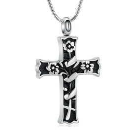 Minicremation Rope Winding Cross Cremation Ashes Urn Pendant Necklace Memorial Keepsake Jewelry Lord’s Prayer Cross Ashes Necklaces (Silver&Black)
