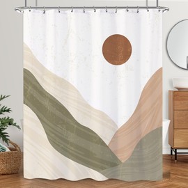 Laifzere Mountain Boho Shower Curtain - Mid Century Sun Modern Minimalist Abstract for Bathroom Set - Sunset Neutral Green Beige Rustic Waterproof for Bathtub 60x72 Inch