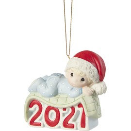 Precious Moments 211006 Baby’s 1st Christmas 2021 Dated Boy Bisque Porcelain Ornament, White