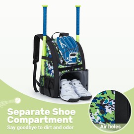 Youth Baseball Bag, Softball Bag for Girls & Boys, Kids Tball Backpack with Shoes Compartment