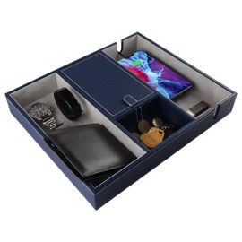 PLENTY Leather Valet Tray for Men, Desk Nightstand Organizer for Keys Phone Watch Wallet, Mens Valet Tray Catchall Charging Station (Blue)