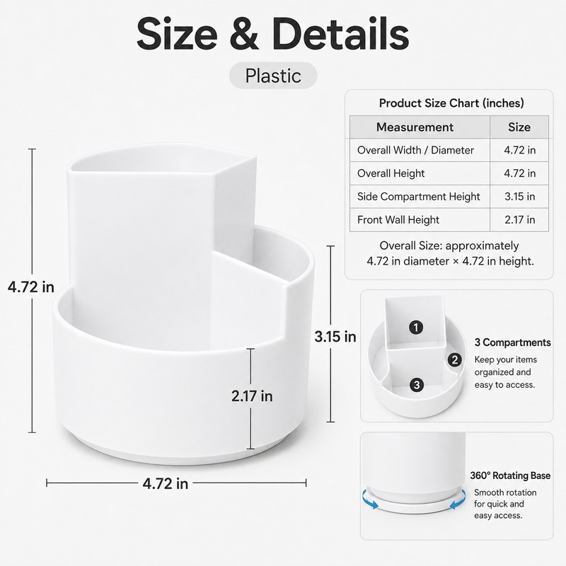 Rotating Pen Holder for Desk Organization - 3-Compartment Storage for