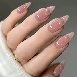 YOSOMMK Pink French Tip Press on Nails Almond Shape Medium Acrylic Nails Press ons 24Pcs Glitter Artificial Fake Nail with Design Glossy Cover Glue Stick on False Nail for Women in 12 Sizes