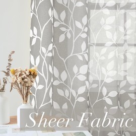 MRTREES Bedroom Curtains Voile with Eyelets and Curtains Transparent with Pattern White Leaf Print Curtain Grey Living Room Modern Set of 2 245 cm Long 140 cm Wide Sheer Curtains