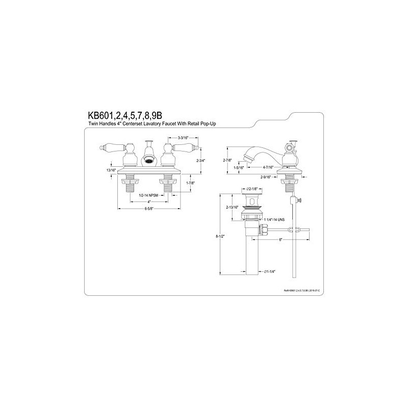 Kingston Brass KB601B 4-Inch Centerset Lavatory Faucet, 2.88" x 4.05"