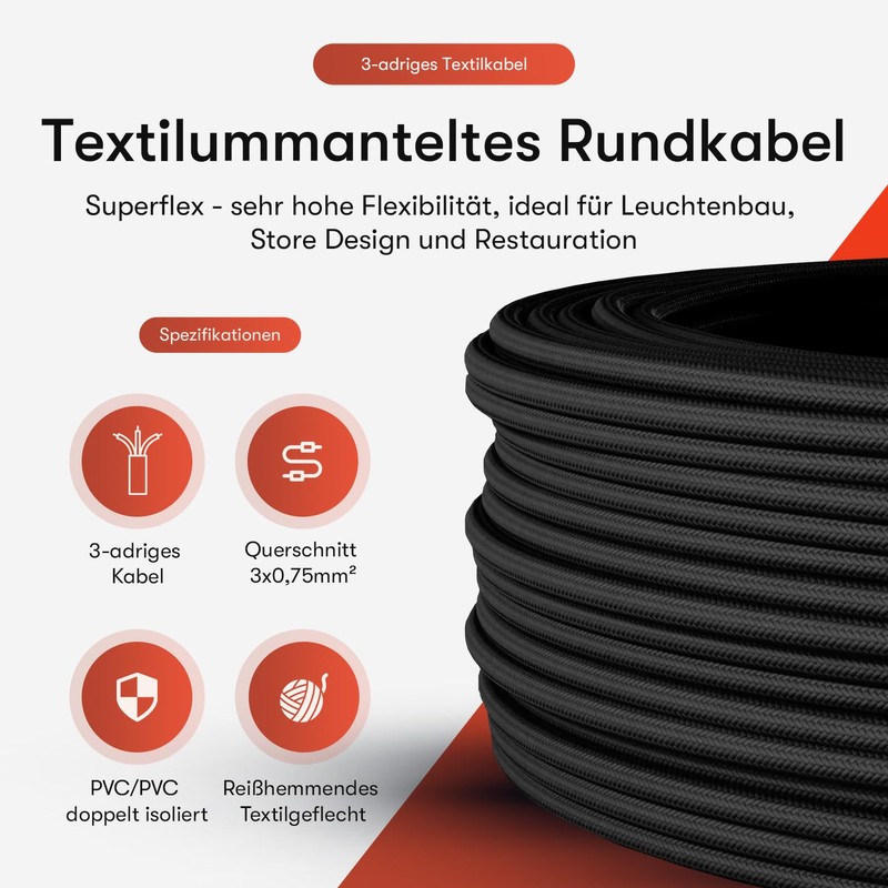 Textile Cable for Lamps, Textile-Coated Round Cable, Three-Core, 3 x