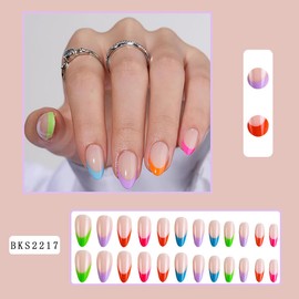 24Pcs Colourful French Tip Fake Nails Short Press on Nails Almond Acrylic Nails Nude Glossy Glue on Nails French Nail Tips Artificial False Nails Oval Shaped Stick on Nails for Women Girls Manicure