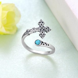 Feijiesi Cross Ring for Women Sterling Silver Turquoise Spoon Ring Faith Thumb Ring Jewelry for Women Girls, Sterling Silver, Turquoise