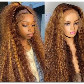 IAMFUPO Highlight Honey Blonde Deep Wave Lace Front Wig 13×6 Ombre P4/27 Highlight colored Lace Front Wigs Human Hair Pre Plucked Bleached Knots 200% Density (13x6 Honey Deep, 20 inch)