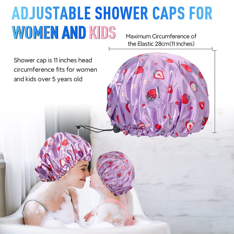 Shower Caps for Women Reusable Waterproof, Adjustable Double Layer Shower