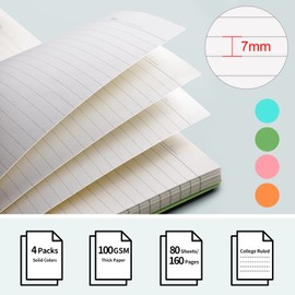 EMSHOI College Ruled Spiral Notebook, 4 Pack 5.7" x 8.22" A5 Small Notebooks for Work, 640 Pages 100gsm Thick Lined Journal, with Sticky Notes, Plastic Hardcover, Orange, Green, Pink, LightBlue