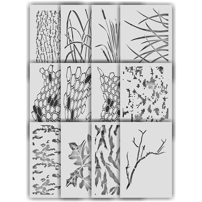 Redleg Camo 12 Piece Stencil kit Multicamo Tiger Digital OCP HEX Camouflage bark Leaf Grass