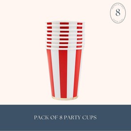 Bonjour Fête Red Cabana Stripe Party Cups | Disposable Cups for Holidays, Baby Showers & Birthday Decorations | Premium 12oz Party Supplies | Pack of 8 | Elegant Disposable Drinkware