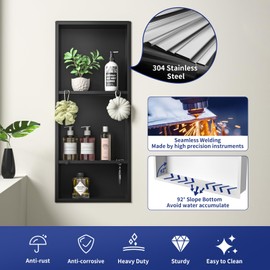 Bernkot Stainless Steel Shower Niche, Wall Vertical Niche Without Tiling, Recessed Shower Shelf w/Hooks for Bathroom Storage, Over-Mount Installation (Black, 12'' x 30'')