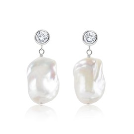 LILY LUSTRE 925 Sterling Silver Handpicked AAAA Quality Natural Freshwater Cultured Irregular White Baroque Pearl Drop Dangle Bridal Earrings for Women, Clear CZ Stud 23-25mm