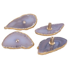 Cheungshing Set of 4 Gold Plated Edge Agate Slice Knobs, Agate Geode Stone Drawer Pull Handles with Screws for Home Office Dresser Wardrobe Decor, Grey