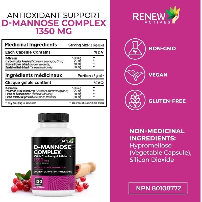 Renew Actives High Potency D-Mannose & Cranberry Complex 1000MG per