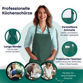 Viamart® - Professional Kitchen Apron - Cooking Apron - BBQ Apron - Adjustable - Catering Quality - 3 Practical Pockets - Unisex: Men & Women - Size: One Size Fits All - Washable at 60°, Green