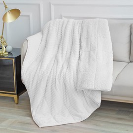 Uttermara Weighted Blanket Queen Size 20lbs for Adults, Sherpa Fleece Cozy Plush Bed Blanket, Soft Warm Sherpa Snuggle Striped Ribbed Blanket, Great for Relax and Calm, 60 x 80 inches, White