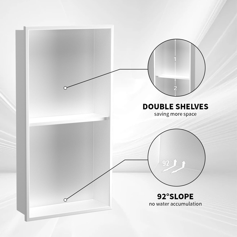 Homevacious 12"×24" Stainless Steel Shower Niche No Tile Needed White