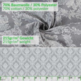 Fabric Tablecloth, Textile Table Linen, Cotton Polyester, Washable, Plain Ornamental Damask Jacquard Fabric, Washable, Baroque Grey, Oval, 180 x 140 cm, Cut Edge