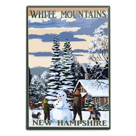Lantern Press White Mountains, New Hampshire, Snowman and Cabin (12x18 Aluminum Wall Sign, Wall Decor Ready to Hang)