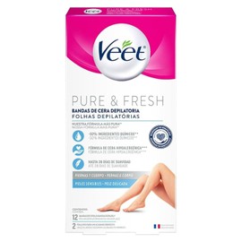 Veet Pure & Fresh, Bandas de Cera Depilatoria, Piernas y Cuerpo, Piel Sensible, 12 piezas