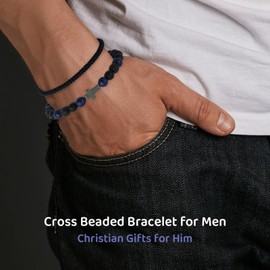 Beads and Rope Cross Bracelet for Men Teens, Christina Bracelet for Son Grandson Handmade Adjustable Nylon Bracelet for Men (black rope set)