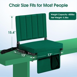 Halituny Stadium Seat for Bleachers with Back Support 2 Pack, Portable Bleacher Seat with Padded Cushion, Metal Hook, Folding Stadium Chair with Shoulder Strap, Carry Handle, Cup Holder, Green