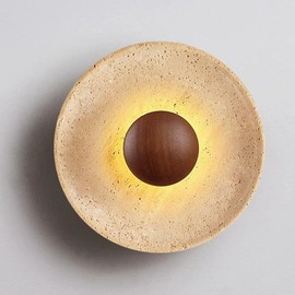 ZHUXMF Japanese Wabi-sabi Marble Wall Sconce Retro Round Wall Light Yellow Travertine Interior Wall Lamp 7W LED Warm Light 3000K Wall Lantern Wooden Decoration Living Room Bedside Wall Lights