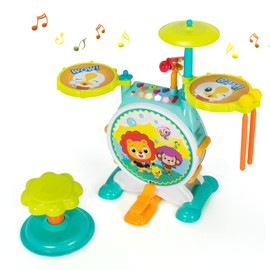 Costzon Kids Drum Set, Electric Musical Instruments Toy with Working Microphone, 2 Drum Sticks, Lights, Adjustable Sound, Bass Drum, Pedal & Stool, Gift for Toddler Boys Girls Age 3+ Years Old