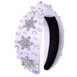 NVENF Jeweled Crystal Pearl Wide Top Knot Winter Women's Headband for Christmas, Holiday Outfits & Gifts (Snowflake White 2)