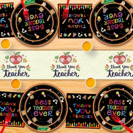 Teacher Appreciation Decorations, 126PCS Teacher Appreciation Week Paper Plates and Napkins(Serves 25), Thank You Teacher Plates, Teacher Appreciation Banner