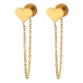 2pcs Womens Girls Stainless Steel Gold Heart Stud Earrings with Dangling Long Chain Link, Screw Back
