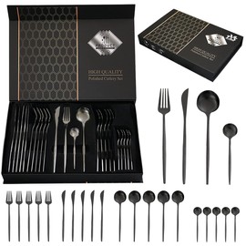 24-Piece Black Silverware Set Black Flatware Set for 6, Stainless Steel Cubiertos Cutlery Set, Forks and Spoons Apartment Utensils Set, Mirror Polished Eating Tableware Set, Dishwasher Safe