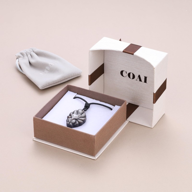 COAI Unisex Necklace with Nine-Tailed Fox Pendant, Nylon Silver Obsidian