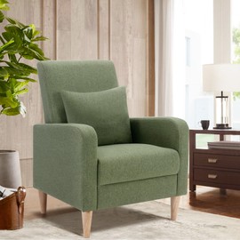 COLAMY Modern Upholstered Accent Chair Armchair with Pillow, Fabric Reading Living Room Side Chair,Single Sofa with Lounge Seat and Wood Legs, Green