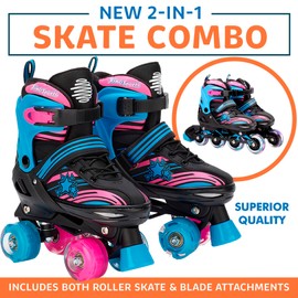 Xino Sports 2 in 1 Adjustable Combo Skates - Illuminating LED Light-Up Wheels, Interchangeable Skates, Perfect for Boys and Girls, for Indoor and Outdoor Use, Fun and Durable (Blue, Large 5-8)